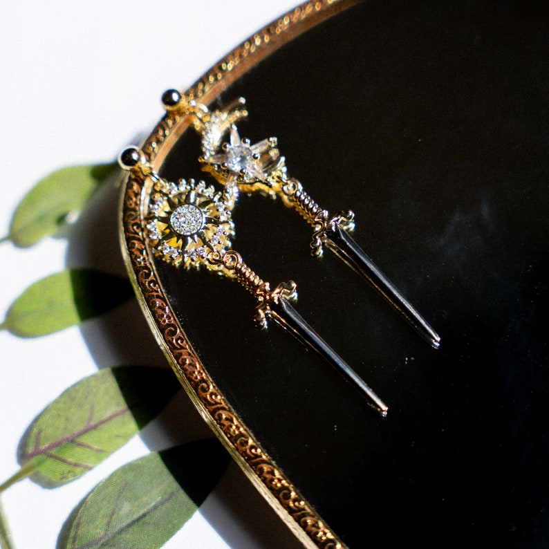 Brienne of Tarth Earrings, GoT Tarth Crest Sword Earrings, Knightcore Jewelry, Golden Sun Moon Dangle Earrings image 4