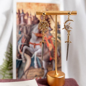 Brienne of Tarth Earrings, GoT Tarth Crest Sword Earrings, Knightcore Jewelry, Golden Sun Moon Dangle Earrings image 6