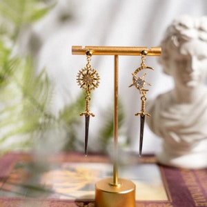 Brienne of Tarth Earrings, GoT Tarth Crest Sword Earrings, Knightcore Jewelry, Golden Sun Moon Dangle Earrings image 10