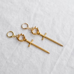 Once and Future King, Arthur Pendragon Sword Earrings, Knightcore Jewelry, Golden Dangle Earrings image 4