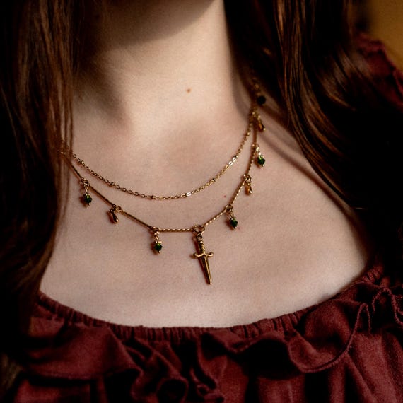 Morgana Pendragon Necklace: Stainless Steel Dagger, Glass Beads