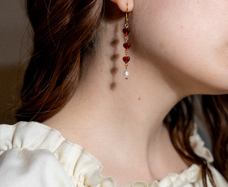 Juliet Earrings, Dainty Heart Dangle Earrings, Romantic Jewelry, Coquette Earrings, Real Pearls, Valentine's Day Gift image 6