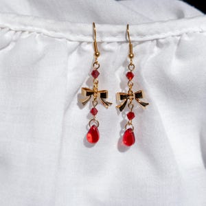 Claudia Blood Drop Earrings, Gold Bow, Dark Academia Jewelry