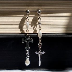 Take Me to Church inspired Earrings, Dark Academia Jewelry, Cross Pearl Drop Earrings, Knightcore Accessories, Asymmetrical Mismatch image 1