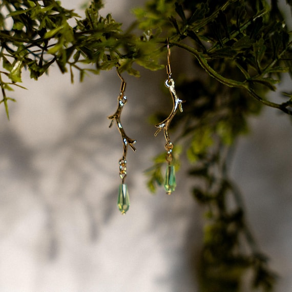 Princess Mononoke Forest Spirit Earrings, Gold Branch Dangle Earrings