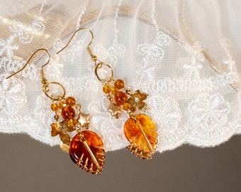 Autumn Leaf Earrings, Goblincore Fall Jewelry, Beaded Dangle Earrings, Whimsigoth Cottagecore Charm Earrings, Over The Garden Wall