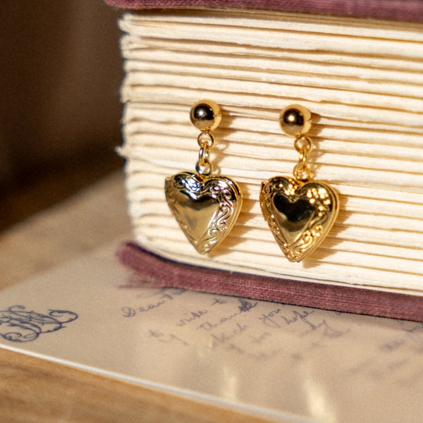 Jane Bennett Heart Locket Earrings, Coquette Jewelry, Dainty Minimal Earrings, Valentine's Day Gift, Bookish Jane Austen