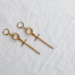 Once and Future King, Arthur Pendragon Sword Earrings, Knightcore Jewelry, Golden Dangle Earrings image 9