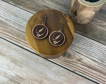 Grateful Dead Steal Your Face Leather Earrings | Upcycled Leather Dangle Earrings | Deadhead Gift for Her