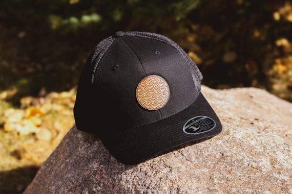 Japanese Wave Leather Patch Snapback | Laser Engraved Hat | Upcycled Leather Patch Hat Handmade Gift