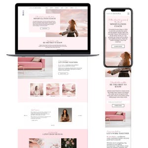 May include: A laptop and smartphone display a website with a pink and white color scheme. The website promotes a mindfulness coach, featuring images of a woman and text like "Mindfulness Coach" and "Be the first to know."