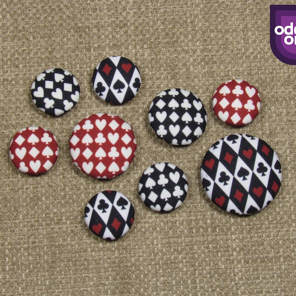 Playing Card Patterned Buttons - Card Symbol Buttons | Red and Black Button | Heart Spade Diamond Club | Fabric Covered Button | Handmade |