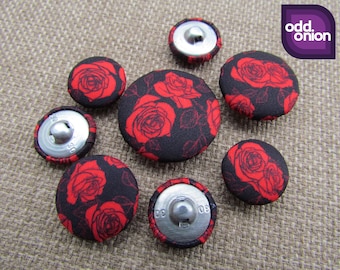 Red Rose Buttons - Black and Red Fabric Buttons | Floral Buttons | Buttons for Handsewing | Fabric Covered Button | 18mm 22mm 24mm 30mm