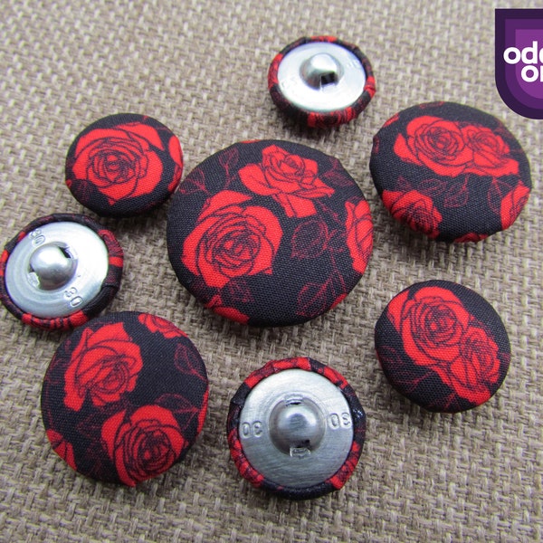 Boutons Rose Rouge - Boutons Tissu Noir et Rouge | Boutons floraux | Boutons pour la couture à la main | Bouton recouvert de tissu | 18mm 22mm 24mm 30mm