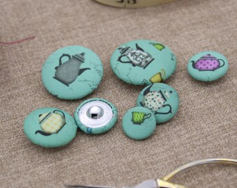 Afternoon Tea Inspired Buttons - Teal Teapot and Cup Fabric Button | Mad Tea Party Buttons | Fabric Covered Button | 14mm 18mm 22mm 28mm
