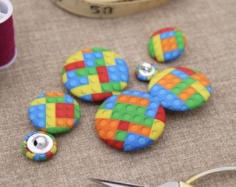 Building Block Patterned Buttons - Colourful Brick Buttons | Button for Handsewing | Fabric Covered Button | Red, Blue, Orange Buttons