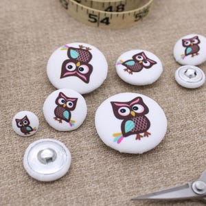 Cute Owl Fabric Buttons – Whimsical Brown Owl on White | Handmade Buttons for Sewing, Crafts & Accessories | Fabric Covered Button