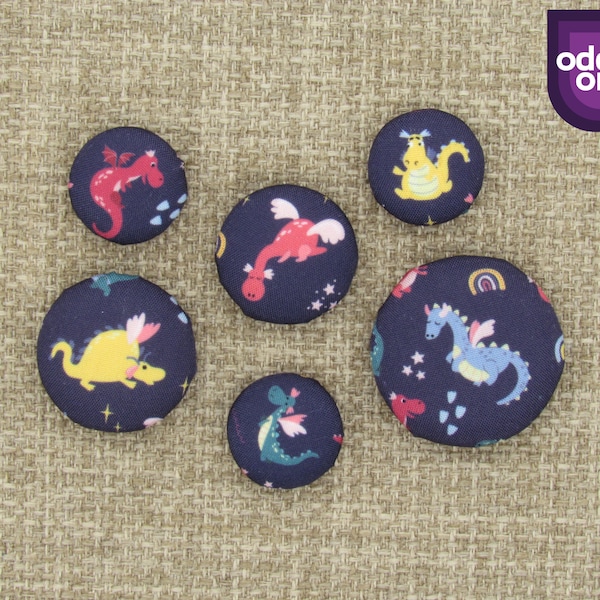 Magical Dragon Buttons - Fantasy Cartoon Dragon Buttons | Navy Fantasy Button | Fabric Covered Button | Buttons for Hand Sewing | Whimsicals