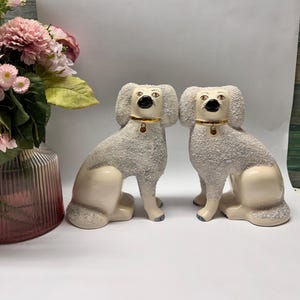 Pair vintage Victorian Staffordshire Pottery Poodle Confetti Dogs Separate Leg Figures Gravelware Lion Cut Antique 22  cm.
