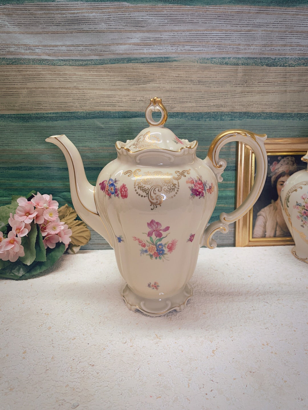 Vintage Porcelain Coffee Pot Heinrich Germany Tall Porcelain Etsy