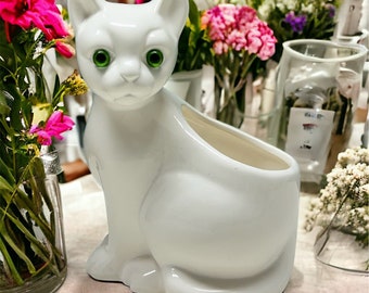 Vintage porcelana gato plantador suculento soporte de planta de aire, maceta de esmalte blanco, gatito plantador gato amante regalo para amante de las mascotas