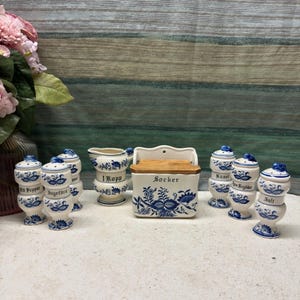 Juego de tarros de especias japoneses vintage con diseño de cebolla azul – Utensilios de cocina de cerámica de los años 50, 6 tarros + caja para azúcar