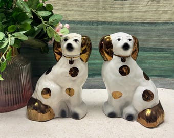 Large Victorian Staffordshire Dog Chalkware Statues, King Charles
