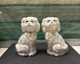 Vintage White Staffordshire Spaniel Game Fox Hunt Hound Mantle Dog Pair 14 сm
