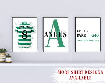 Celtic Football Club Set van 3 prints, kies uw shirt en pas uw naam aan, maten 5x7, A4, A3 &digitale download