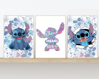 Stitch Ohana Lot de 3 impressions de salle de jeux pour enfants, tailles 5 x 7, A4, A3 et téléchargement numérique disponible