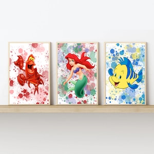The Little Mermaid Set of 3 Prints, Colour Splash Art - Printed and Delivered, 5x7, A4, A3 & Digital Download Available