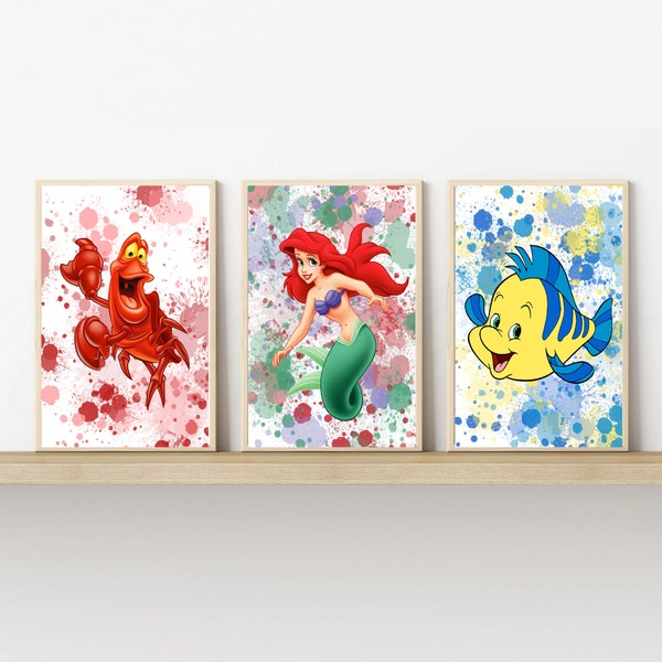 The Little Mermaid Set of 3 Prints, Colour Splash Art - Printed and Delivered, 5x7, A4, A3 & Digital Download Available