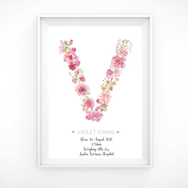 Baby Announcement Pink Floral Print - Impresión de nombre personalizado para Baby Girls Nursery - en tamaños 5x7, A4, A3 y descarga digital - ENTREGA GRATUITA EN EL REINO UNIDO