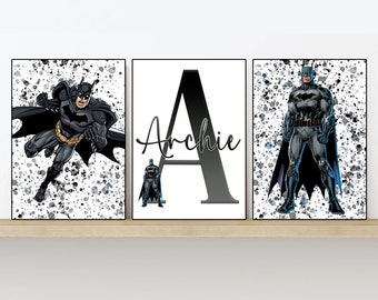 Superhero Bat Set of 3 Prints - Customisable Name with Gradient effect - 4 Designs to Choose From - Sizes 5x7, A4, A3 & Digital Download