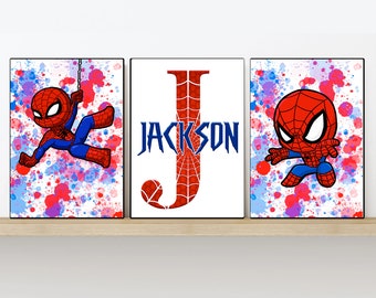 Amazing Spider Man Cartoon Prints- Customisable Name - Paint Splash Background, Single, Set of 3 of 4 - Sizes 5x7, A4, A3 & Digital Download