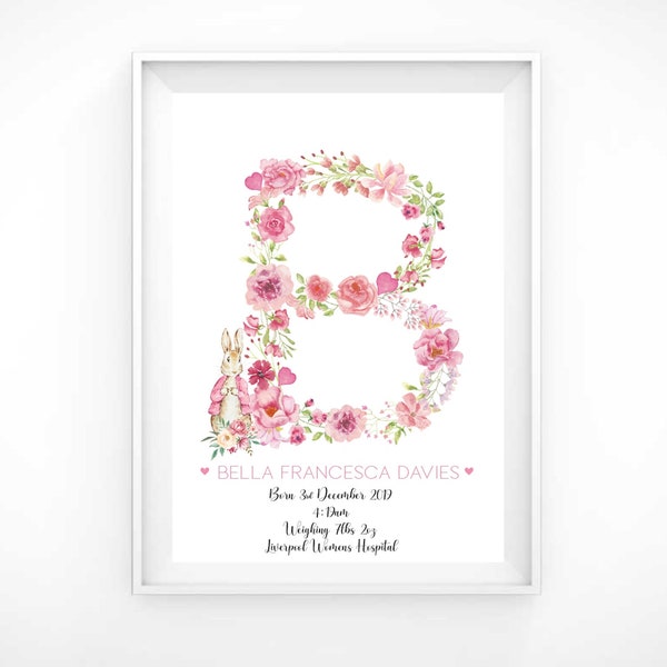 Peter Rabbit Theme Pink Floral Baby Anuncio Print - Nombre personalizado Impresión en tamaños 5x7, A4, A3 y descarga digital - ENTREGA GRATUITA EN EL REINO UNIDO