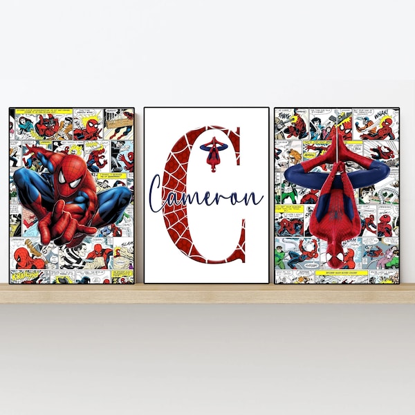 The Amazing Spider Man Set of 3 Prints - Customisable Name with Web effect - 4 Designs to Choose From - Sizes 5x7, A4, A3 & Digital Download