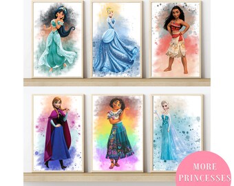 Disney Inspired Princess Watercolour Design Prints, Children's Bedroom Art in sizes 5x7, A4, A3 & Digital Download