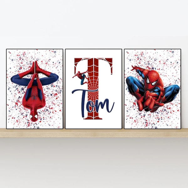 The Amazing Spider Man 3er-Set Drucke - anpassbarer Name mit Web-Effekt - 4 Designs zur Auswahl - Größen 5x7, A4, A3 & Digital Download