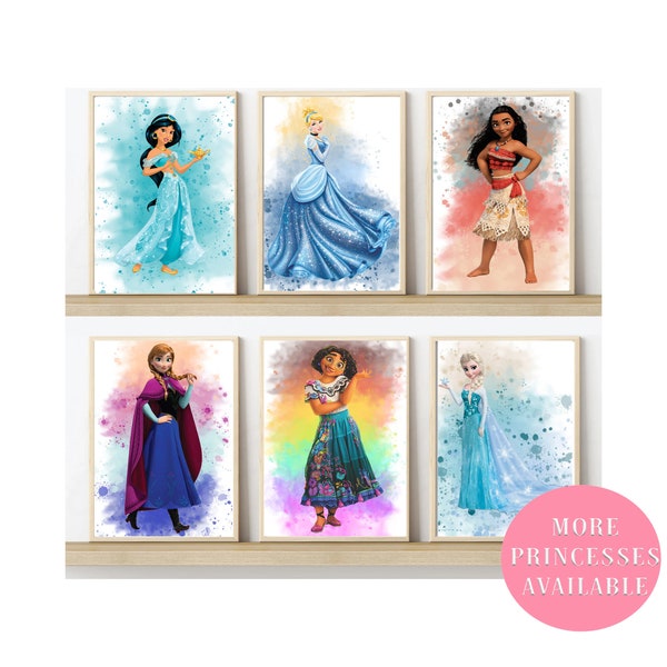 Disney Inspired Princess Watercolour Design Prints, Children's Bedroom Art in sizes 5x7, A4, A3 & Digital Download