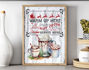 Hot Cocoa Sign, Hot Cocoa Bar Printable, Vintage Christmas Print, Rustic Christmas Art, Farmhouse Christmas Sign, Holiday Instant Download