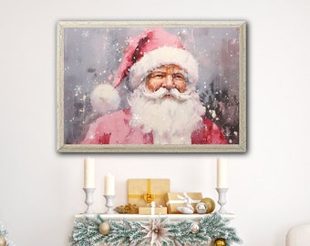 Pink Christmas Wall Art, Pink Santa, Pastel Christmas Decor, Digital Download, Vintage Santa Print, Old Fashioned Christmas, Santa Print
