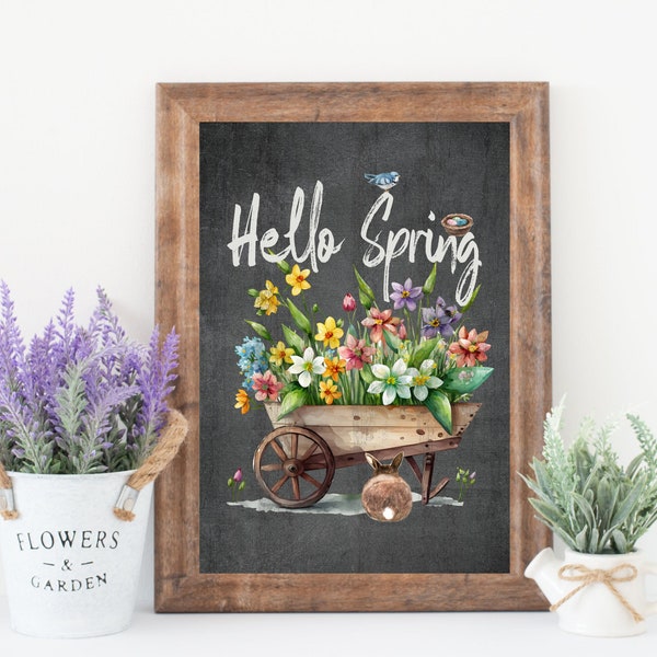 Hello Spring Print, Spring Wall Art, Digital Download, Spring Flowers Print, Gardening Gift, Art Print Spring, Spring Floral Art, Bunny Tail