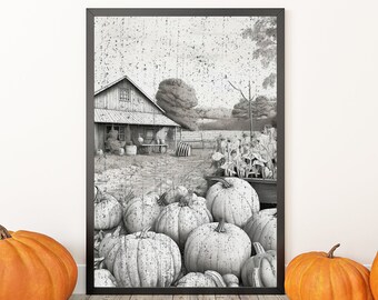 Herfst boerderij afdrukbare | Rustieke pompoen kunst aan de muur | Pompoenboerderij | Pompoen Patch Art Print | Rustieke boerderij | Heirloom witte pompoenen