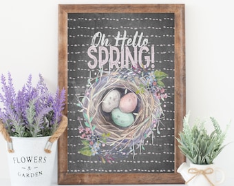 Print Spring Wall Art, OH Hello Spring Printable, Digital Download, Farmhouse, Chalkboard, Easter Print, Bird Nest, Spring Decor, Spring Art