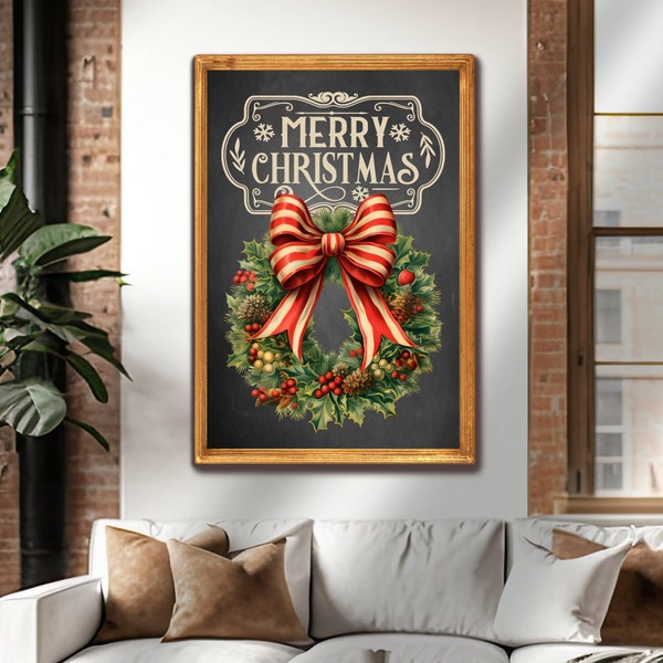Vintage Christmas, Merry Christmas Wall Art, Christmas Wreath, Digital Download, Chalkboard Art, Rustic Christmas Print, Farmhouse Decor