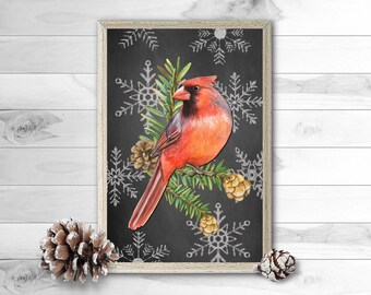 Red Cardinal Bird, Winter Wall Art, Digital Download, Winter Birds, Cardinal Art, Cardinal Gift, Watercolor Cardinal Bird, Bird Lover Gift