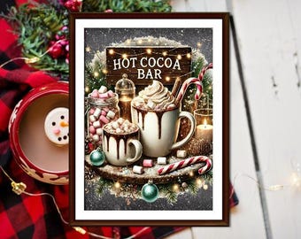 Hot Cocoa Bar Printable, Coffee Bar Sign, Christmas Wall Art, Holiday Decor, Digital Download, Vintage Christmas Print, Kitchen Wall Art