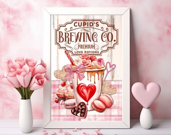 Valentines Day Print, Coffee Bar Sign, Digital Wall Art, Cupid's Brewing Co. Sign, Coffee Lover Gift, Coffee Wall Art Printable, Love Coffee