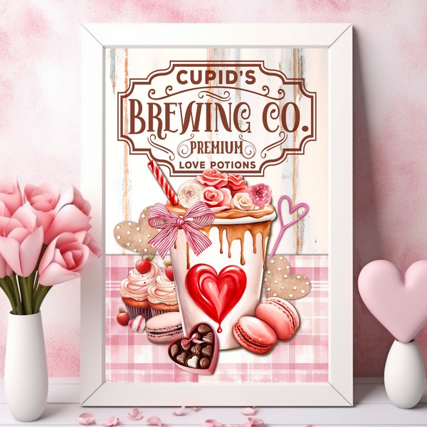 Valentines Day Print, Coffee Bar Sign, Digital Wall Art, Cupid's Brewing Co. Sign, Coffee Lover Gift, Coffee Wall Art Printable, Love Coffee